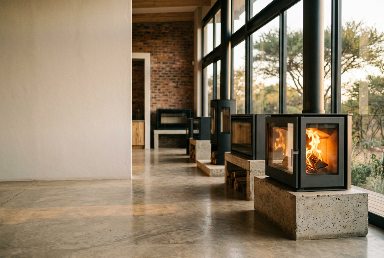 Editorial interior of a premium home improvement fireplace showroom